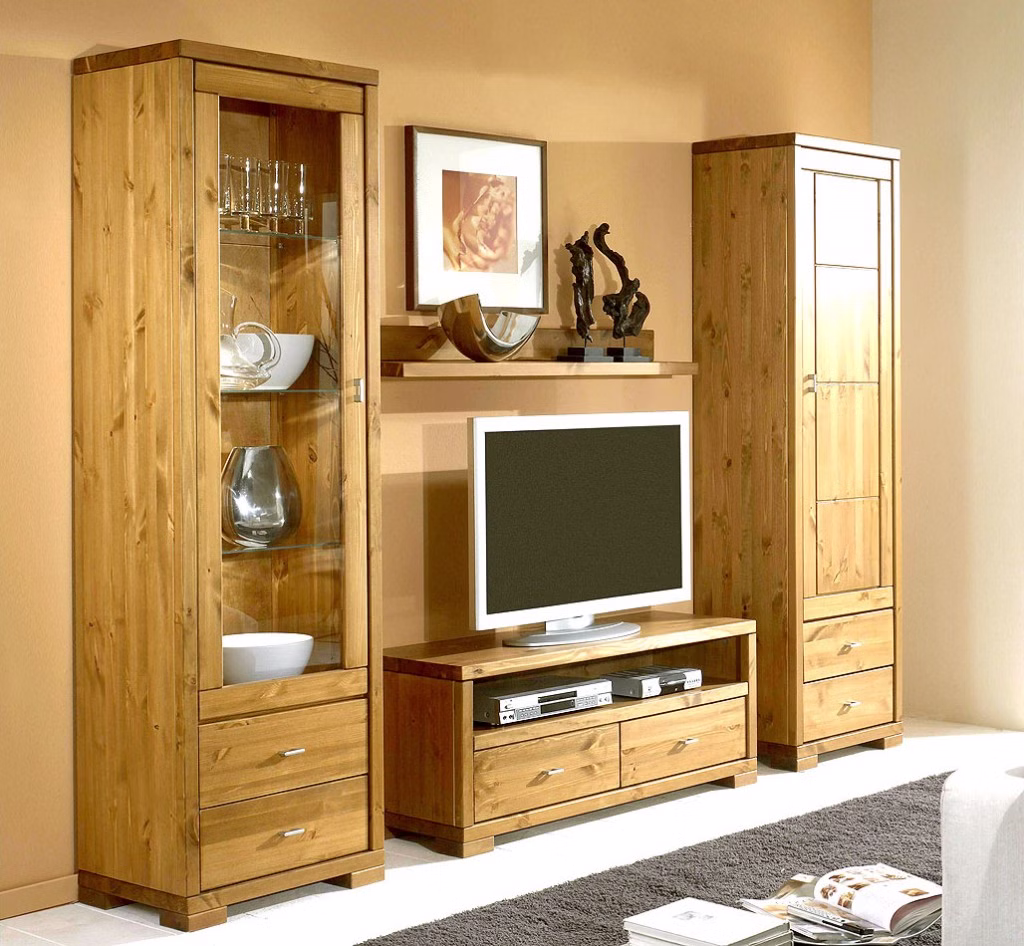 Wohnwand bestehend aus Vitrine TV-Kommode Wandboard und Hochschrank Kiefer massiv gelaugt geölt Massivholz Geschirrschrank mit schubladen GULDBORG 59x204x43cm Kiefer massiv gelaugt geölt Casa de mobila Goslar