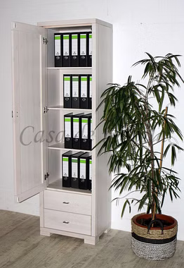 Büroschrank für Aktenordner inklusive zwei Schubfächern Kiefer weiß lasiert Massivholz Ordnerschrank mit 2 schubladen GULDBORG 59x204x43cm Kiefer massiv weiß lasiert Casa de mobila Goslar