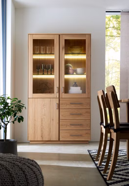 Geschirrschrank mit 2 Glastüren, 4 Schubladen TREVA 115x202x42cm Eiche massiv weiss Bianco geölt Casa de mobila Goslar