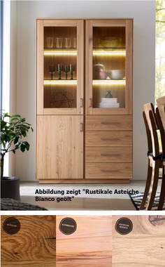 Massivholz Vitrinenschrank TREVA 115x202x42cm Kernbuche, Asteiche massiv natur oder Bianco geölt Casa de mobila Goslar