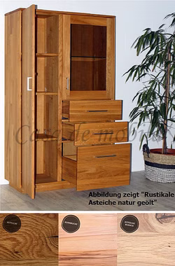 Massivholz Highboard Vitrine TREVA 98x163x42cm Kernbuche, Asteiche natur oder Bianco geölt Wimmer Casa de Mobila Goslar