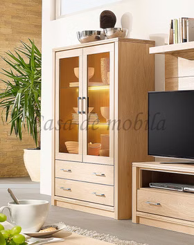 Massivholz Geschirrschrank mit Glastüren Arumo 117x159x41cm rustikaler Asteiche massiv Bianco geölt Casa de mobila Goslar
