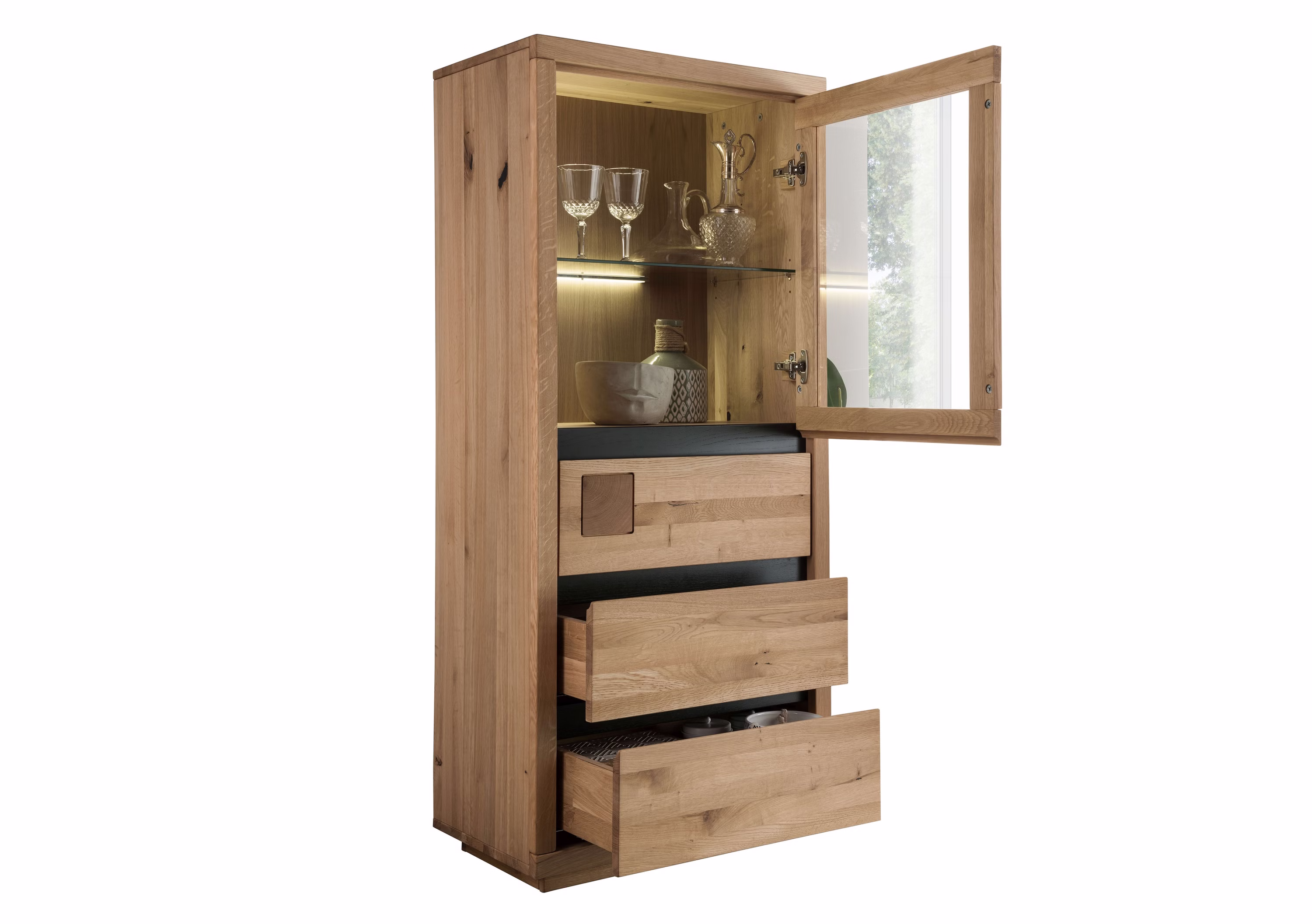 CENTRO – geöffnete Vitrine Holzvitrine mit geöffneter Glastür