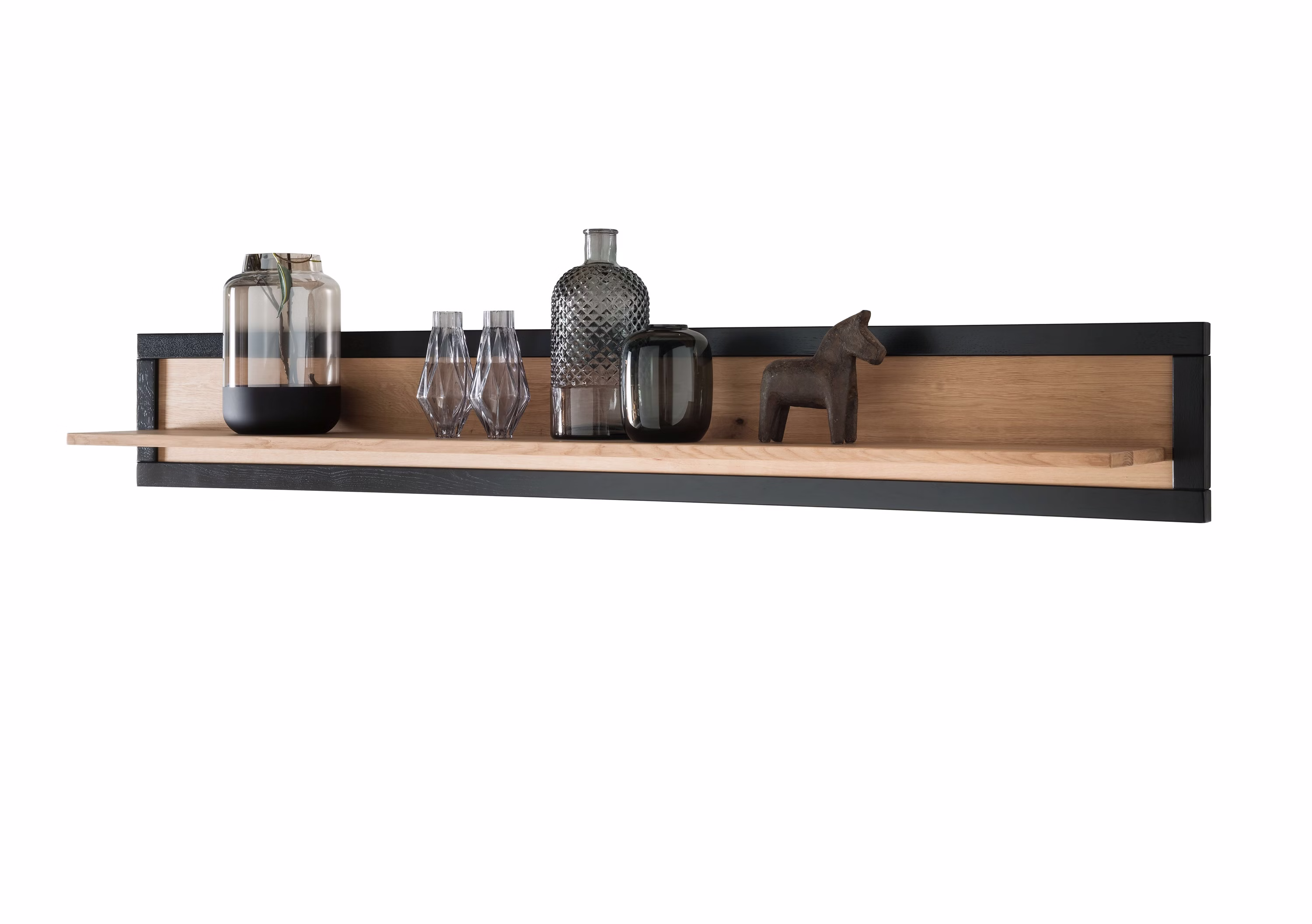 CENTRO – Wandboard der Wohnwand Langes Holzwandboard mit schwarzem rechteckigem Rückrahmen und dekorierten Ablagen.