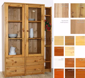 Highboard mit glastüren und regal CONTRA 116x161x46/33cm kiefer,kernbuche,wildeiche massiv natur oder bianco geölt Casa de mobila Goslar