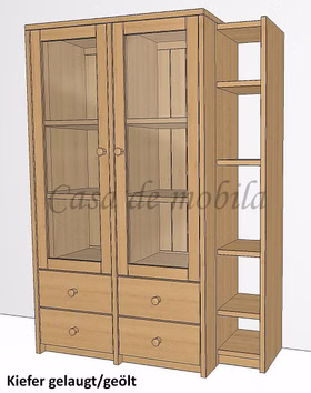 Massivholz schrank mit glastüren und regal anschluss CONTRA 116x161x46/33cm kiefer massiv gelaugt lackiert Casa de mobila Goslar