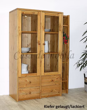 Vitrine mit glastüren und regal anschluss CONTRA 116x161x46/33cm kiefer massiv gelaugt geölt Casa de mobila Goslar