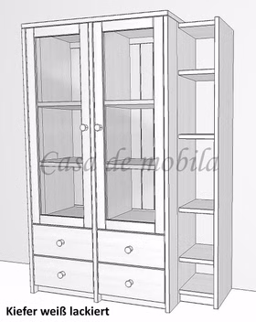 Massivholz schrank mit glastüren und regal anschluss CONTRA 116x161x46/33cm kiefer massiv weiß lackiert Casa de mobila Goslar