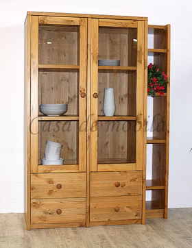 Vitrine mit glastüren und regal anschluss CONTRA 116x161x46/33cm kiefer massiv gelaugt lackiert Casa de mobila Goslar