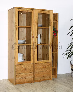 Vitrinenschrank mit glastüren und regal anschluss CONTRA 116x161x46/33cm kiefer massiv gelaugt lackiert Casa de mobila Goslar