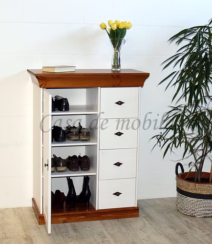 Massivholz Hochkommode 88x117x45cm BERGEN Kiefer massiv 2farbig weiß bernsteinfarben lackiert Casa de mobila Goslar