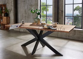Massivholz Esstisch mit Schweizer Kante PLATO Wildeiche massiv geölt Doppel-X-Metallgestell Casa de mobila Goslar Massivholz Esstisch mit Schweizer Kante PLATO Wildeiche massiv geölt Doppel-X-Metallgestell Casa de mobila Goslar
