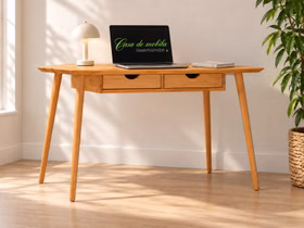Schreibtisch 120x74x55cm VERONA Kernbuche geölt Schreibtisch VERONA aus massiver Kernbuche, natur geölt, mit zwei Schubladen und Laptop im hellen Wohnambiente.
