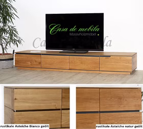 Breite TV-Lowboard ACERRO 241x35x42cm rustikale Asteiche massiv natur oder bianco geölt Casademobila Goslar Breite TV-Lowboard ACERRO 241x35x42cm rustikale Asteiche massiv natur oder bianco geölt Casademobila Goslar