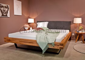 Balkenbett Holzbett Kufenbett 180x200 Wildeiche massiv natur geölt Polsterkopfteil casademobila