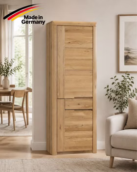 Highboard-schmal-horizont-wildeiche-bianco-made-in-germany Schmales Highboard HORIZONT aus massiver Wildeiche bianco mit zwei Türen und Schublade – Made in Germany