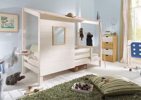 Massivholz Hausbett mit rollrost INFANSKIDS 90x200cm Kiefer massiv weiß lasiert gelaugt geölt Casademobila Goslar