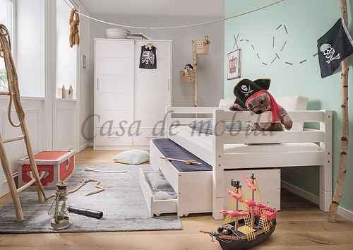 Massivholz Schubladenbett 90x200cm INFANSKIDS Kiefer massiv weiß lasiert Casa de mobila Goslar