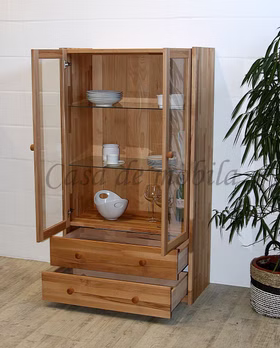 Vitrine 89x159x46cm CONTRA Massivholz Geschirrschrank mit glastüren und 2 schubladen CONTRA 89x159x46 cm kernbuche massiv natur geölt Casa de mobila Goslar