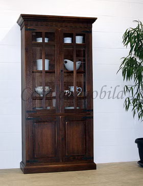 Vitrine 108x214x46cm SIESTA Pinien nussbaumfarben lackiert Landhaus schrank mit glastüren SIESTA Pinie massiv dunkelbraun nussbaumfarben lackiert casademobila Goslar
