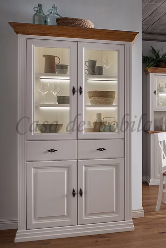 Vitrine 116x199x45cm COUNTRY HOME Kiefer weiß Eiche geölt Massivholz Vitrinenschrank breit weiss holz Wildeiche Landhausstil casademobila