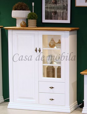 Highboard 113x134x45cm COUNTRY HOME Kiefer weiß Eiche geölt Landhaus Hochkommode mit Glastür Country Home weiß Holz Wildeiche massiv geölt casademobila Goslar