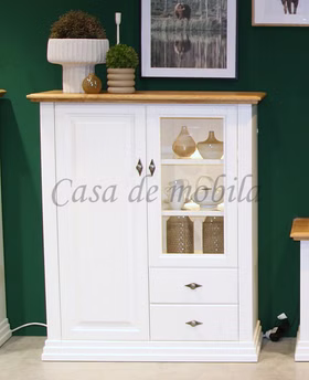 Highboard 113x134x45cm COUNTRY HOME Kiefer weiß Eiche geölt Landhaus Wohnzimmerschrank mit Glastür Country Home weiß Holz Wildeiche massiv geölt casademobila Goslar