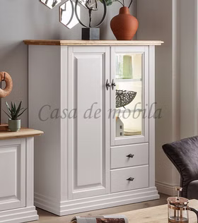 Highboard 113x134x45cm COUNTRY HOME Kiefer weiß Eiche geölt Massivholz Vitrinenschrank Highboard weiss holz Wildeiche Landhausstil casademobila