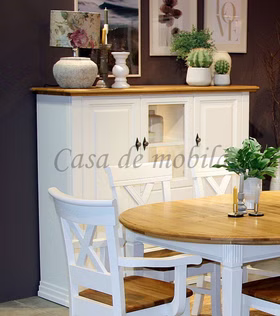 Highboard 157x134x45cm COUNTRY HOME Kiefer weiß,Eiche geölt Landhaus Küchenschrank Vitrine weiß Holz Wildeiche Landhausstil von Casa de mobila