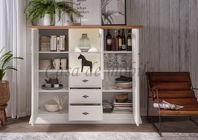 Highboard 157x134x45cm COUNTRY HOME Kiefer weiß,Eiche geölt Massivholz Highboard mit schubladen und glastür COUNTRY HOME 157x134x45cm Kiefer massiv weiß lackiert Wildeiche geölt, 1036220401 Casademobila Goslar