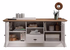 TV-Board 157x67x45cm COUNTRY HOME Kiefer weiß,Eiche geölt TV Schrank klein COUNTRY HOME 157x67x45cm Kiefer massiv weiß lackiert Wildeiche massiv natur geölt Casa de mobila Goslar