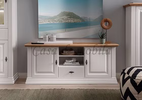 TV-Board 157x67x45cm COUNTRY HOME Kiefer weiß,Eiche geölt Fernsehkommode klein COUNTRY HOME 157x67x45cm Kiefer massiv weiß lackiert Wildeiche massiv natur geölt Casa de mobila Goslar