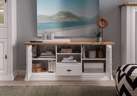 TV-Board 157x67x45cm COUNTRY HOME Kiefer weiß,Eiche geölt Fernsehschrank klein COUNTRY HOME 157x67x45cm Kiefer massiv weiß lackiert Wildeiche massiv natur geölt Casa de mobila Goslar
