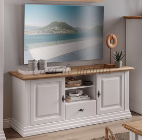 TV-Board 157x67x45cm COUNTRY HOME Kiefer weiß,Eiche geölt TV-Lowboard klein COUNTRY HOME 157x67x45cm Kiefer massiv weiß lackiert Wildeiche massiv natur geölt Casa de mobila Goslar