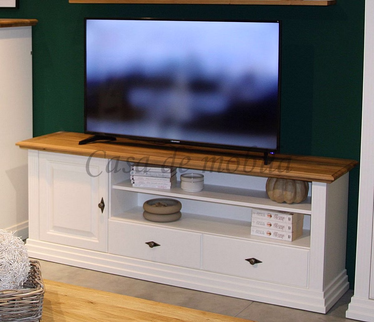 TV-möbel breit COUNTRY HOME 178x67x45cm Kiefer massiv weiß lackiert Wildeiche massiv geölt von Casa de mobila