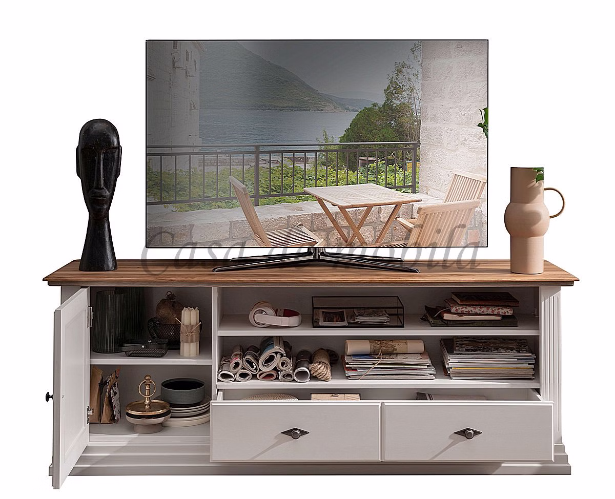 TV-Schrank breit COUNTRY HOME 178x67x45cm Kiefer massiv weiß lackiert Wildeiche massiv geölt von Casa de mobila