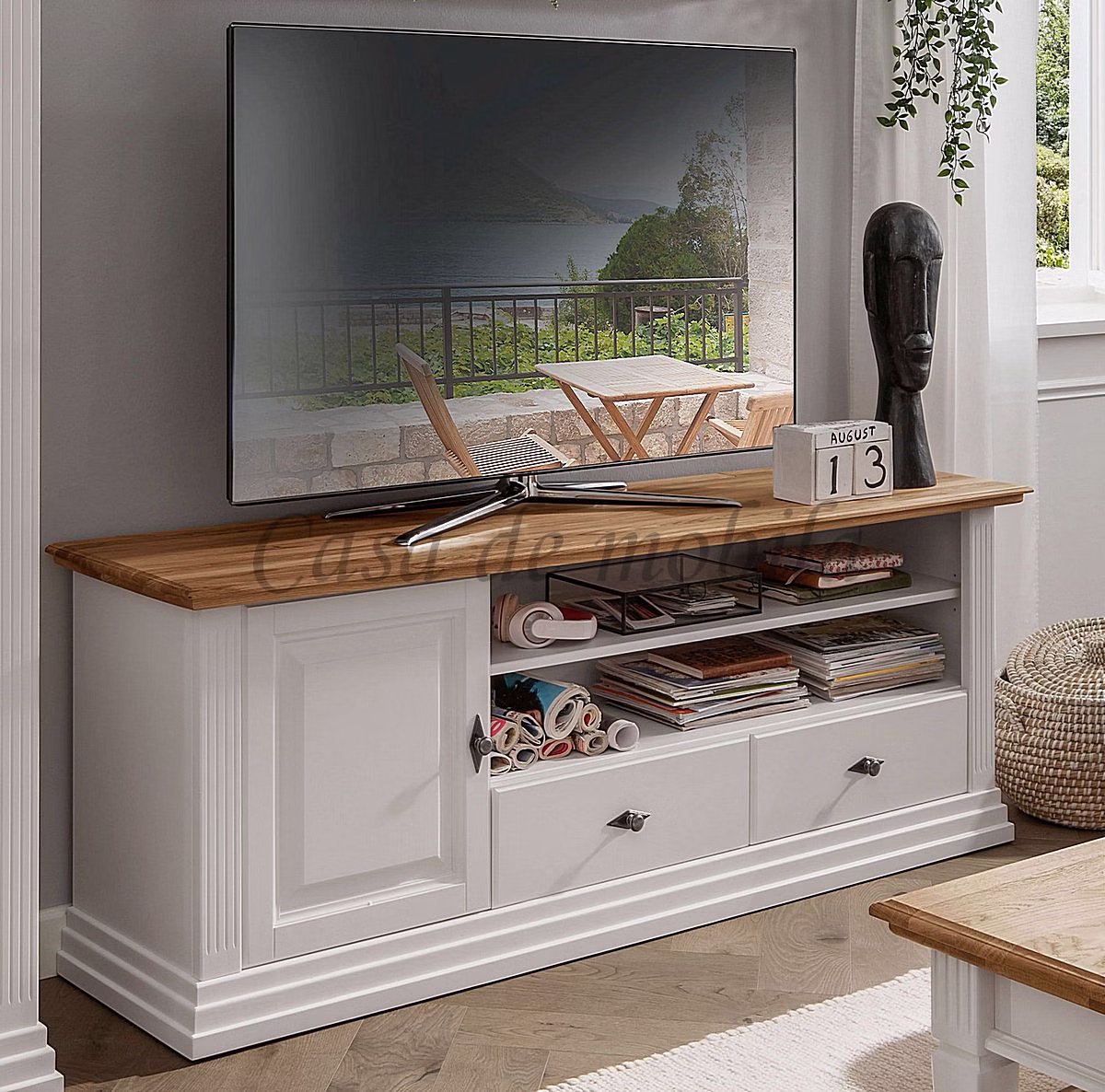 Fernsehschrank breit COUNTRY HOME 178x67x45cm Kiefer massiv weiß lackiert Wildeiche massiv geölt von Casa de mobila