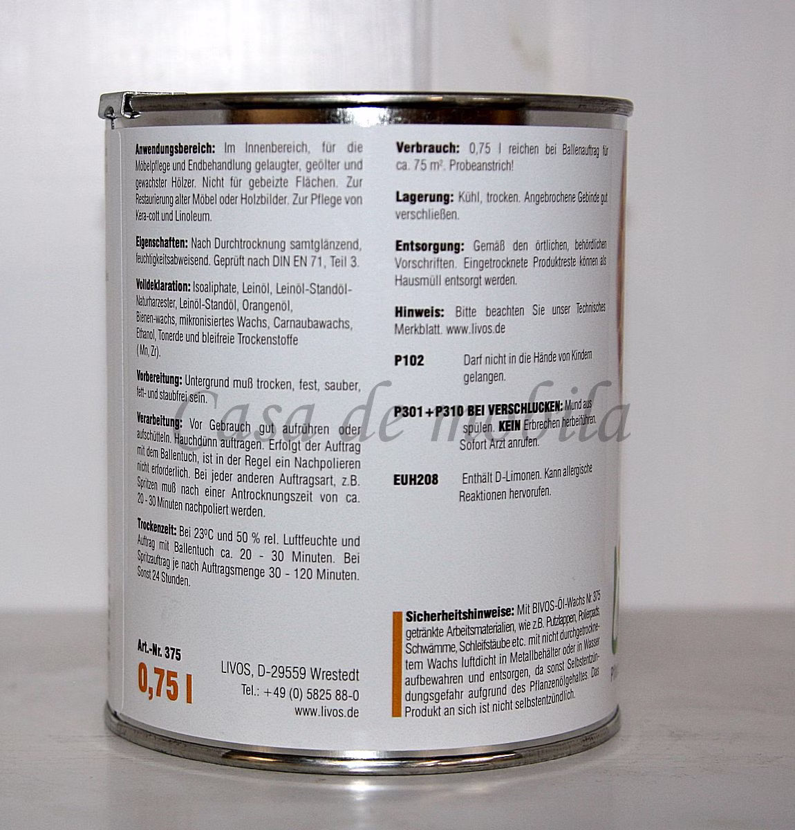 LIVOS Öl-Wachs 750ml BIVOS Holz Möbelpflege im Innenbereich von Casademobila Goslar
