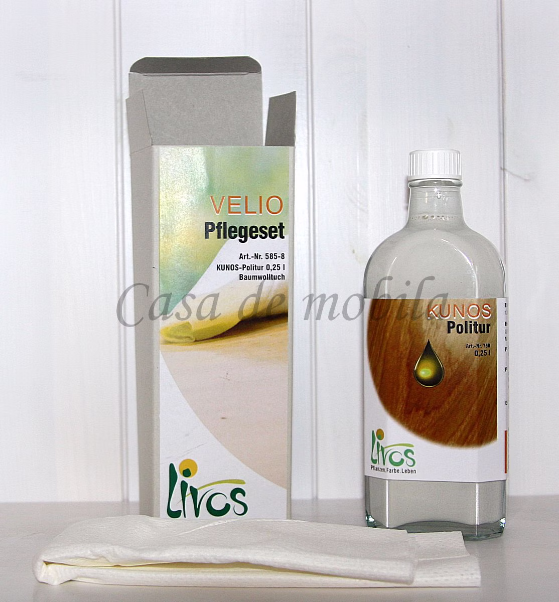 LIVOS Tisch Pflegeset 250ml VELIO Politur Bianco Baumwolltuch von Casademobila Goslar