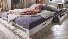 Palettenbett mit 2 Schubladen 140x200cm Kiefer massiv weiß lasiert Casa de mobila Goslar