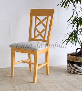 Holzstuhl mit Sitzpolster grau ROSSIO 47x100x44cm Pinie massiv mediterraneo honig gebürstet Casa de mobila Goslar