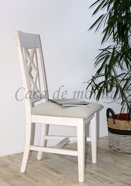 Holzstuhl mit Sitzpolster grau ROSSIO 47x100x44cm Pinie massiv weiß gebürstet Casa de mobila Goslar