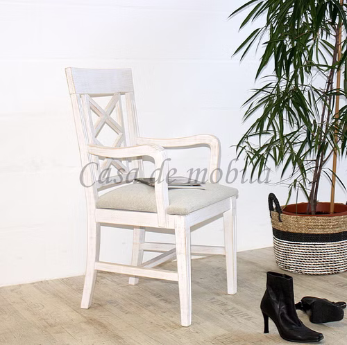 Stuhl mit Armlehne gepolstert ROSSIO 52x100x48cm Pinie massiv weiß gebürstet Sitzpolster grau Casa de mobila Goslar