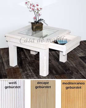 Couchtisch mit Glasplatte und Schublade 70x70cm Pinie massiv weiß decape sandfarbe mediterraneo honig Casa de mobila Goslar Couchtisch mit Glasplatte und Schublade 70x70cm Pinie massiv weiß decape sandfarbe mediterraneo honig Casa de mobila Goslar