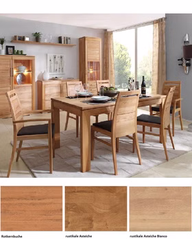 Massivholz Rotkernbuche Asteiche Essgruppe 7tlg. Casera geölt Lederpolster Colorado Set Tisch 150cm ausziehbar und 6 Stühle Wimmer casademobila