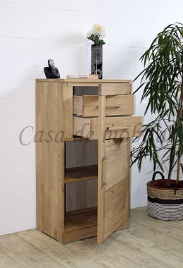 Hochkommode schmal mit holztür und schubladen CASERA 64x123x42cm rustikale Asteiche massiv bianco geölt Casa de mobila Goslar