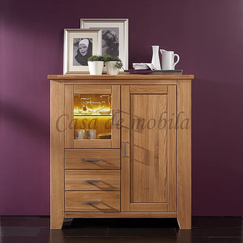 Massivholz Esszimmerschrank mit Glastür klein LOFT 131x139x47cm Eiche massiv natur geölt Casa de mobila Goslar