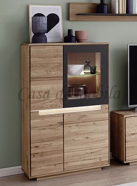 Massivholz Highboard FLORENZ 77x136x40cm Wildeiche massiv geölt beleuchtet Design-Türen Glas rechts Massivholz Highboard FLORENZ 77x136x40cm Wildeiche massiv geölt beleuchtet Design-Türen Glas rechts
