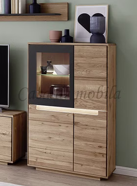 Massivholz Highboard FLORENZ 77x136x40cm Wildeiche massiv geölt beleuchtet Design-Türen Glas links Massivholz Highboard FLORENZ 77x136x40cm Wildeiche massiv geölt beleuchtet Design-Türen Glas links