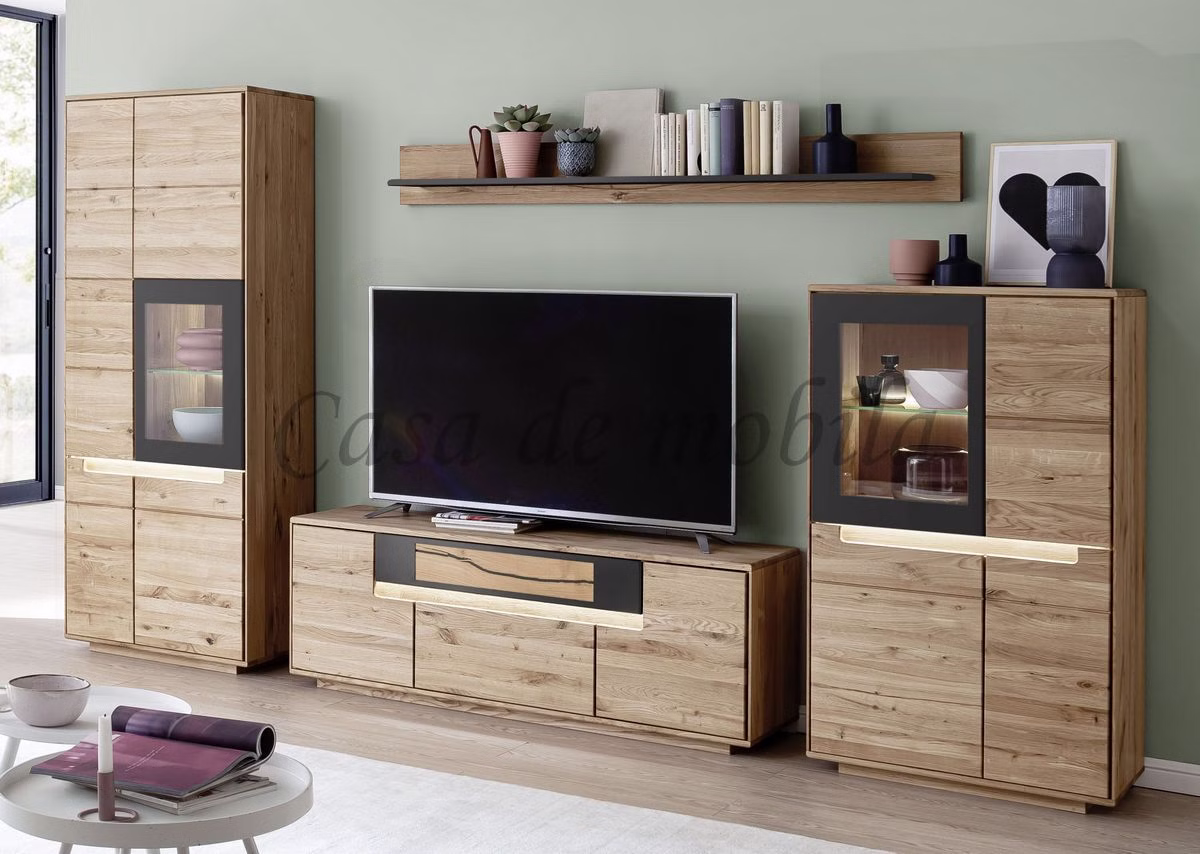 Massivholz Wohnwand FLORENZ 4teilig Wildeiche massiv geölt beleuchtet Design-Türen Massivholz Wohnwand FLORENZ 4teilig Wildeiche massiv geölt beleuchtet Design-Türen